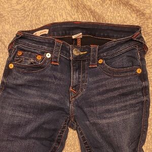 True Religion Dark Blue Skinny Jeans with Orange Stitching